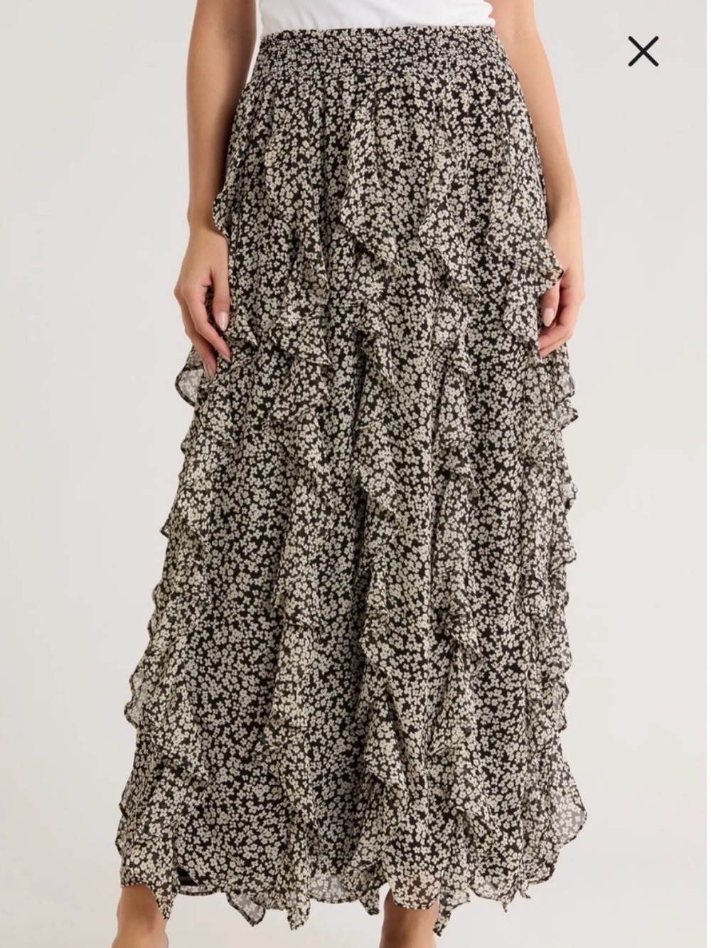 Black and Cream Floral Ruffle Maxi Skirt